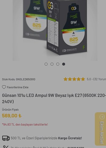 Günsan LED Ampul 9W Beyaz Işık E27