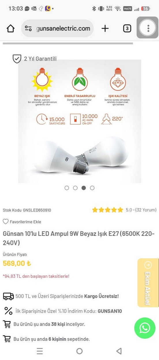 Günsan LED Ampul 8 ADET FİYATIDIR - Görsel 5