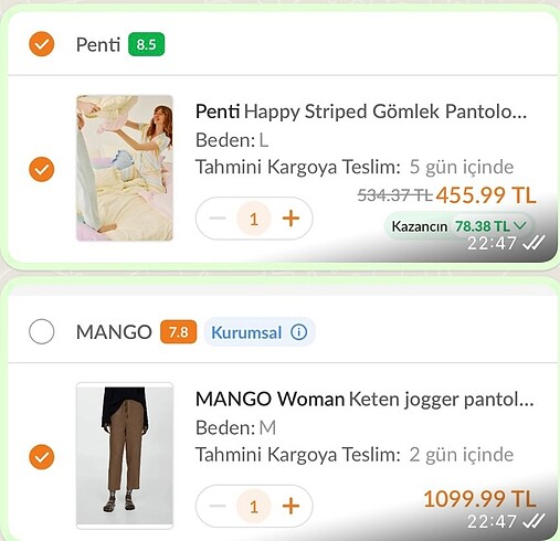 Mango ve Penti siparişleri