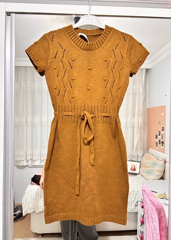 Kısa Kollu Kahverengi Triko Mini Elbise - Görsel 6