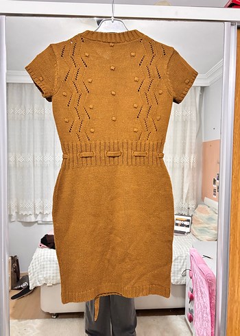 Kısa Kollu Kahverengi Triko Mini Elbise - Görsel 3