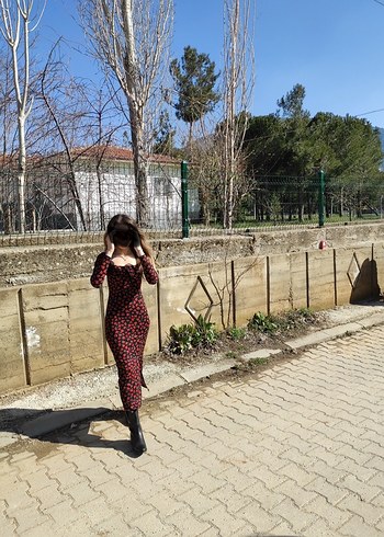 Uzun Kollu, Fitted Çiçek Desenli Uzun Elbise