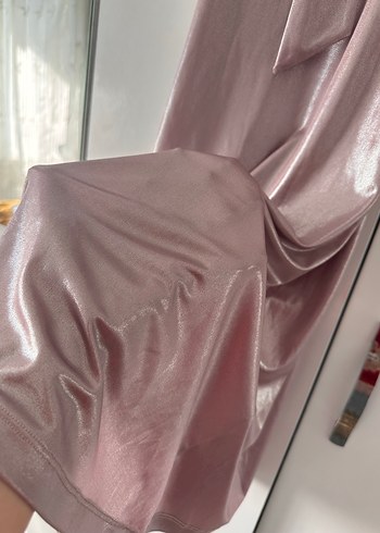 Pembe Parlak V Yakalı Drapeli Uzun Abiye Elbise - Görsel 5