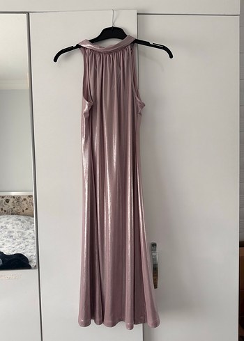 Pembe Parlak V Yakalı Drapeli Uzun Abiye Elbise - Görsel 2