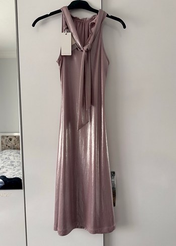 Pembe Parlak V Yakalı Drapeli Uzun Abiye Elbise - Görsel 3