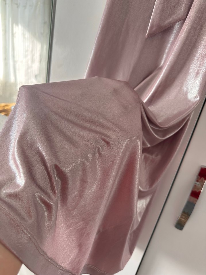 Pembe Parlak V Yakalı Drapeli Uzun Abiye Elbise - Görsel 5