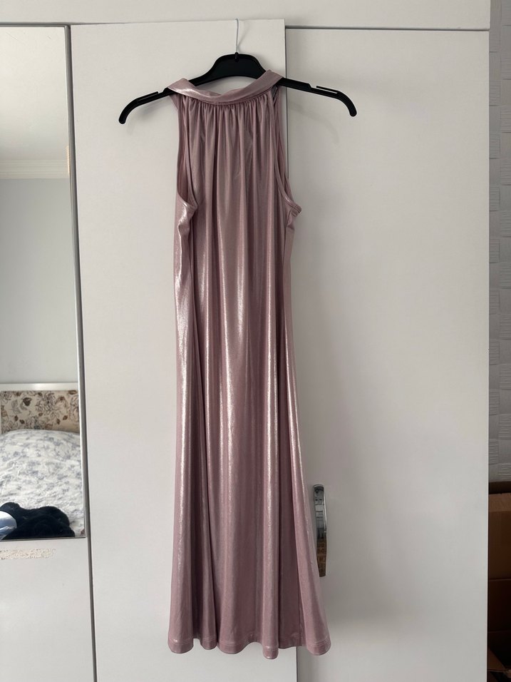 Pembe Parlak V Yakalı Drapeli Uzun Abiye Elbise - Görsel 2