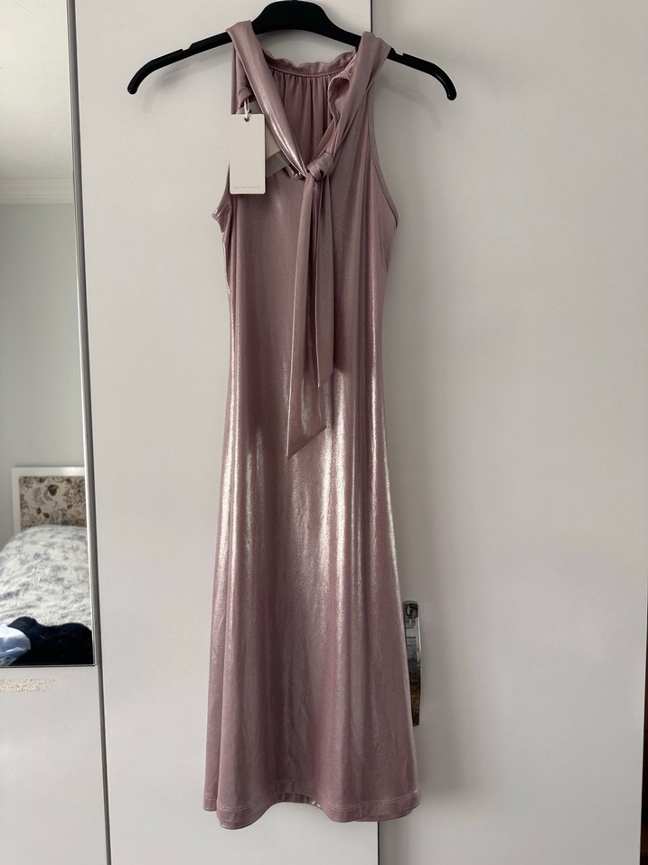 Pembe Parlak V Yakalı Drapeli Uzun Abiye Elbise - Görsel 3