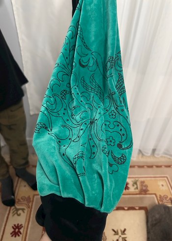 Kadın Turkuaz Vintage Uzun Kollu Uzun Boy Kadife bornoz - Görsel 4