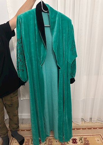 Kadın Turkuaz Vintage Uzun Kollu Uzun Boy Kadife bornoz - Görsel 3