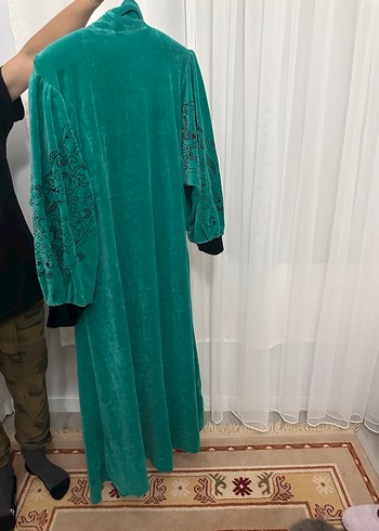 Kadın Turkuaz Vintage Uzun Kollu Uzun Boy Kadife bornoz - Görsel 2
