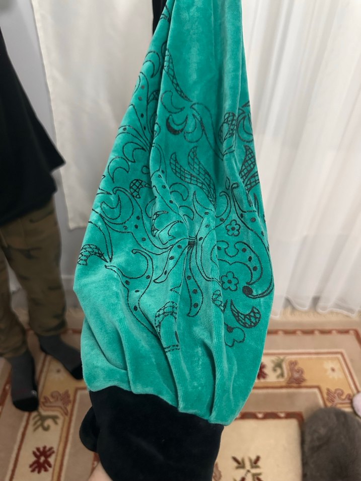 Kadın Turkuaz Vintage Uzun Kollu Uzun Boy Kadife bornoz - Görsel 4