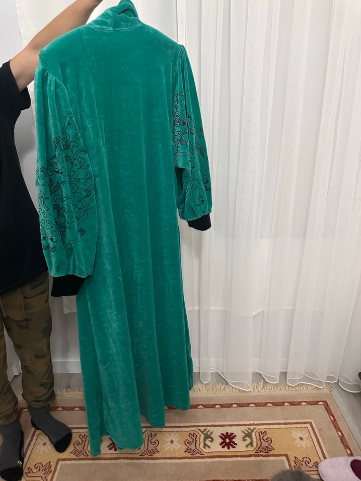 Kadın Turkuaz Vintage Uzun Kollu Uzun Boy Kadife bornoz - Görsel 2