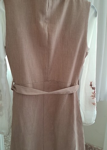 Bej Düğmeli Uzun Keten Elbise - Görsel 3