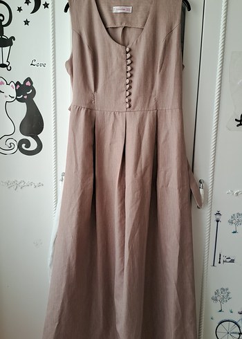 Bej Düğmeli Uzun Keten Elbise - Görsel 4