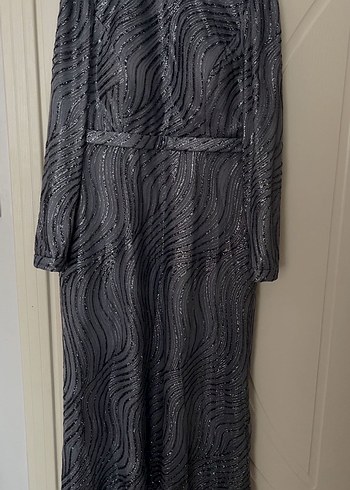 Uzun Kol Drapeli Gri Abiye Elbise - Görsel 2