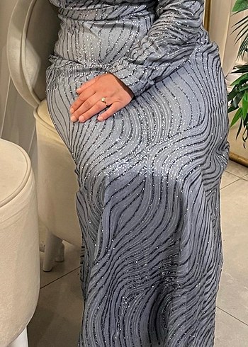 Uzun Kol Drapeli Gri Abiye Elbise - Görsel 3