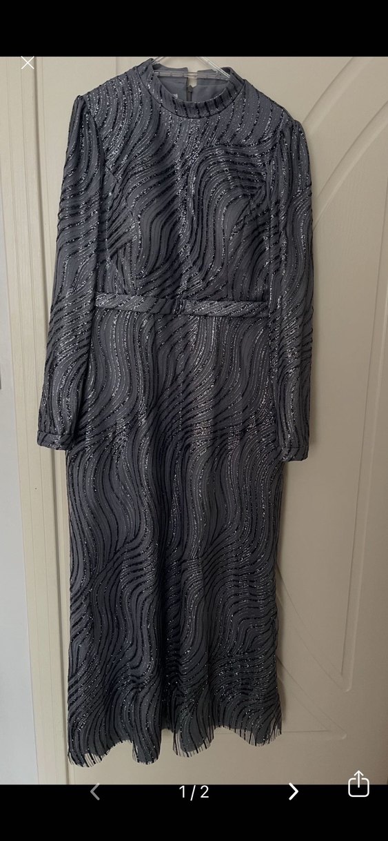 Uzun Kol Drapeli Gri Abiye Elbise - Görsel 2