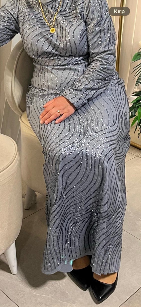 Uzun Kol Drapeli Gri Abiye Elbise - Görsel 3