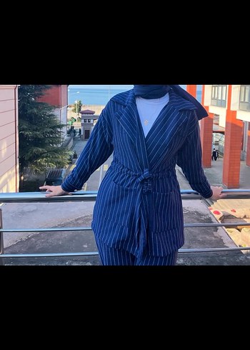 Lacivert Çizgili Kadın Blazer Ceket pantolon takım - Görsel 7