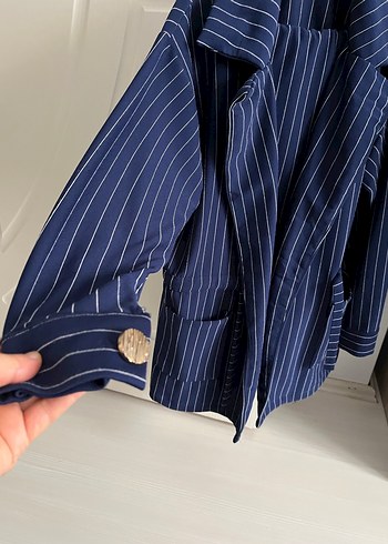 Lacivert Çizgili Kadın Blazer Ceket pantolon takım - Görsel 2