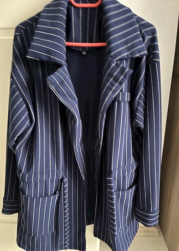 Lacivert Çizgili Kadın Blazer Ceket pantolon takım - Görsel 4