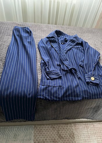 Lacivert Çizgili Kadın Blazer Ceket pantolon takım - Görsel 5