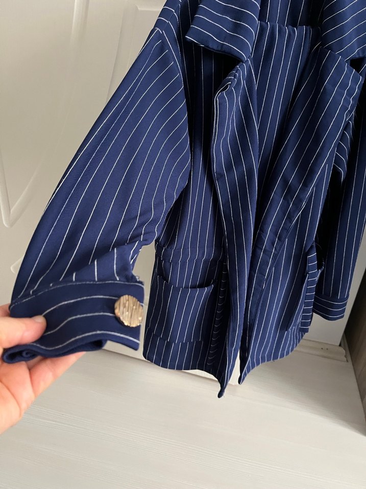 Lacivert Çizgili Kadın Blazer Ceket pantolon takım - Görsel 2