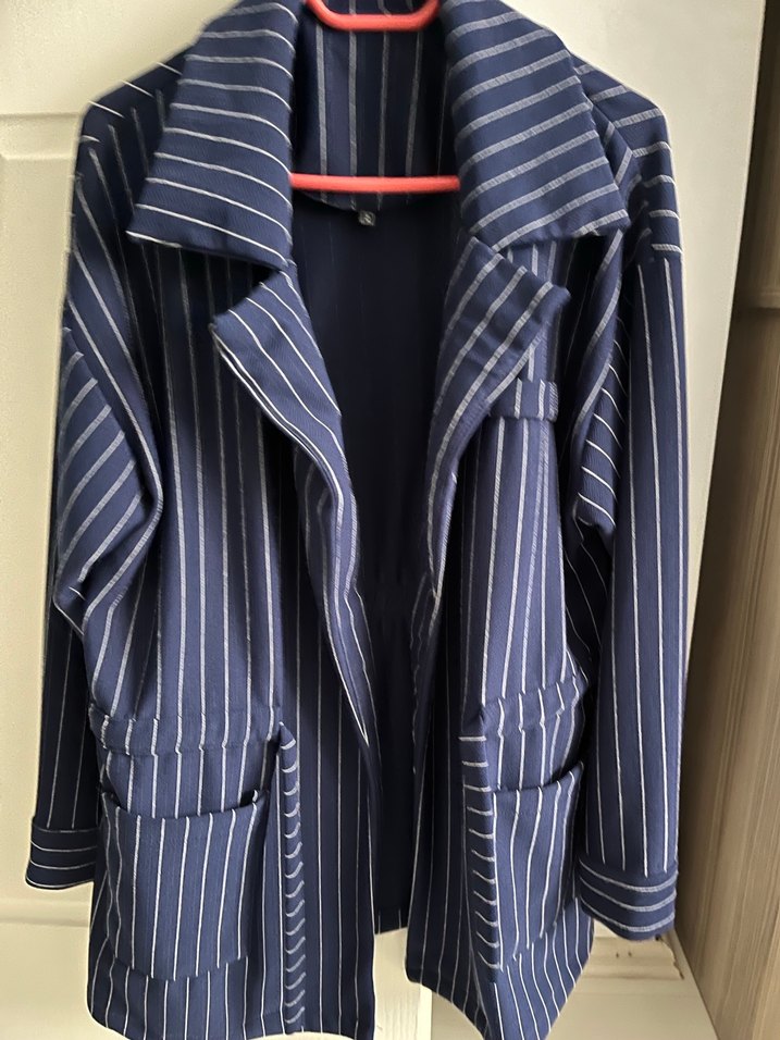 Lacivert Çizgili Kadın Blazer Ceket pantolon takım - Görsel 4