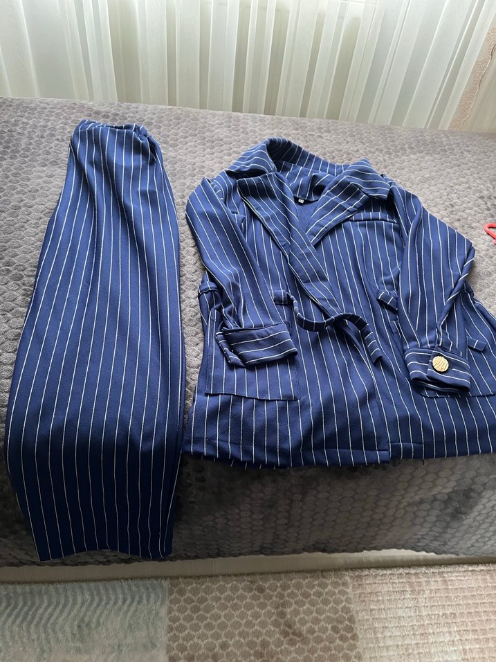 Lacivert Çizgili Kadın Blazer Ceket pantolon takım - Görsel 5