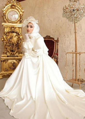 Uzun Beyaz Drape Detaylı Vintage Gelinlik - Görsel 5