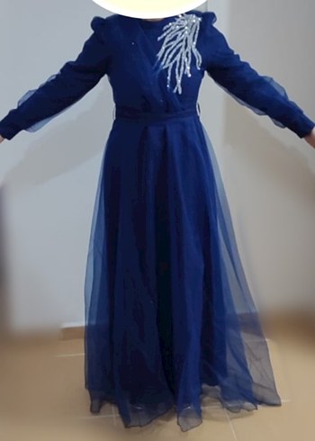 Mavi Nakışlı Uzun Kollu Abiye Elbise - Görsel 3