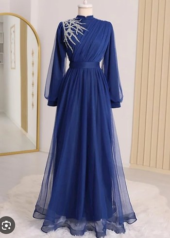 Mavi Nakışlı Uzun Kollu Abiye Elbise - Görsel 2