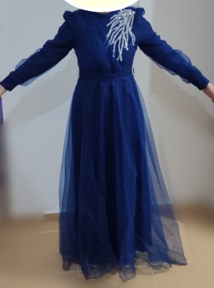 Mavi Nakışlı Uzun Kollu Abiye Elbise - Görsel 3