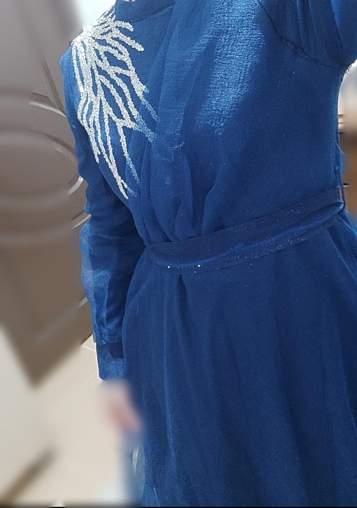 Mavi Nakışlı Uzun Kollu Abiye Elbise - Görsel 4