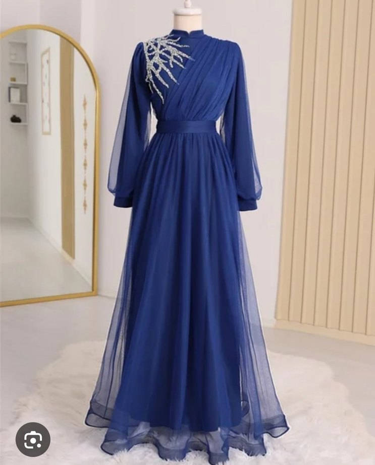 Mavi Nakışlı Uzun Kollu Abiye Elbise - Görsel 2