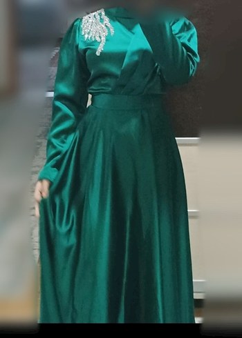 Yeşil Uzun Kollu Drapeli Abiye Elbise - Görsel 3