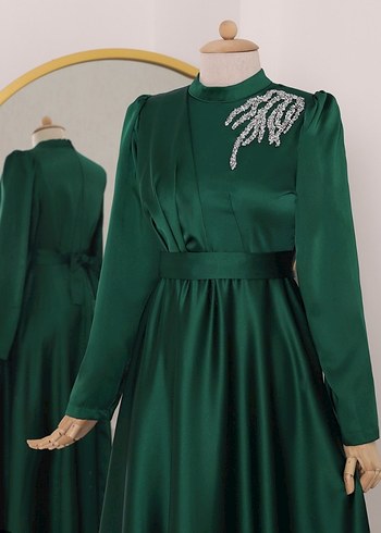 Yeşil Uzun Kollu Drapeli Abiye Elbise - Görsel 2