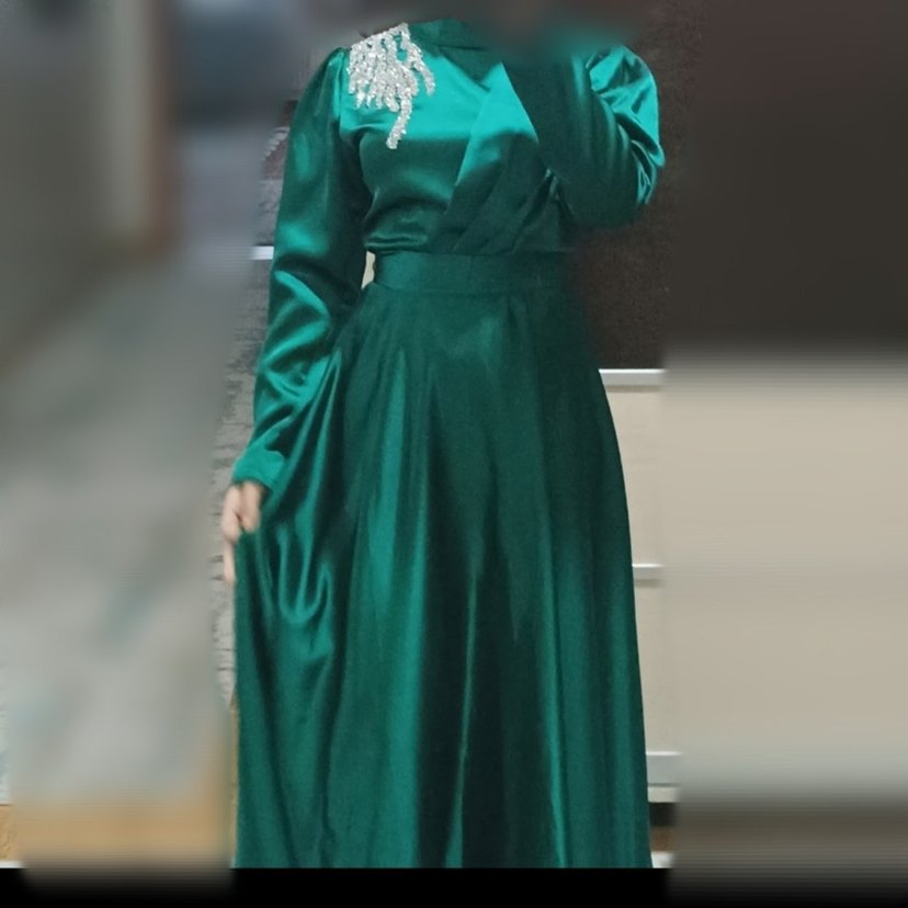 Yeşil Uzun Kollu Drapeli Abiye Elbise - Görsel 3