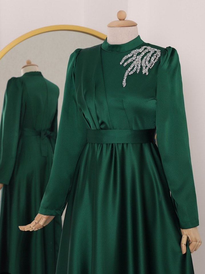 Yeşil Uzun Kollu Drapeli Abiye Elbise - Görsel 2