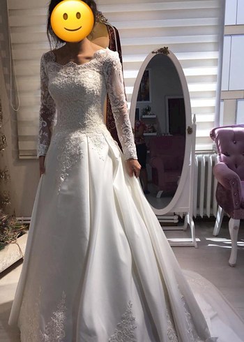 Uzun Kollu A Kesim Dantelli Saten Gelinlik - Görsel 2