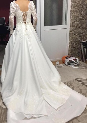 Uzun Kollu A Kesim Dantelli Saten Gelinlik - Görsel 4