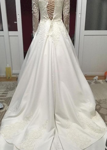 Uzun Kollu A Kesim Dantelli Saten Gelinlik - Görsel 3