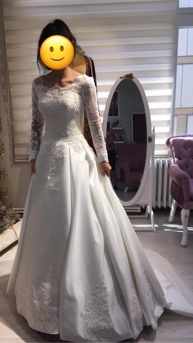 Uzun Kollu A Kesim Dantelli Saten Gelinlik - Görsel 2