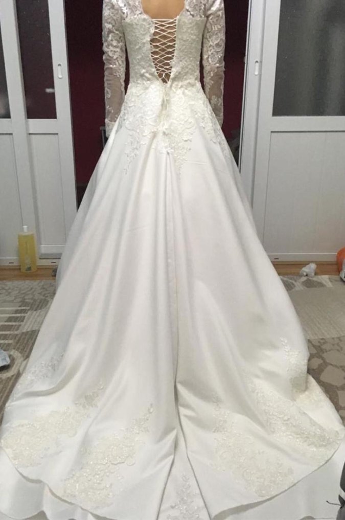 Uzun Kollu A Kesim Dantelli Saten Gelinlik - Görsel 3