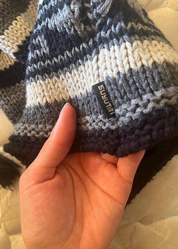 Gri Çizgili Örgü Yün Bere - Görsel 4