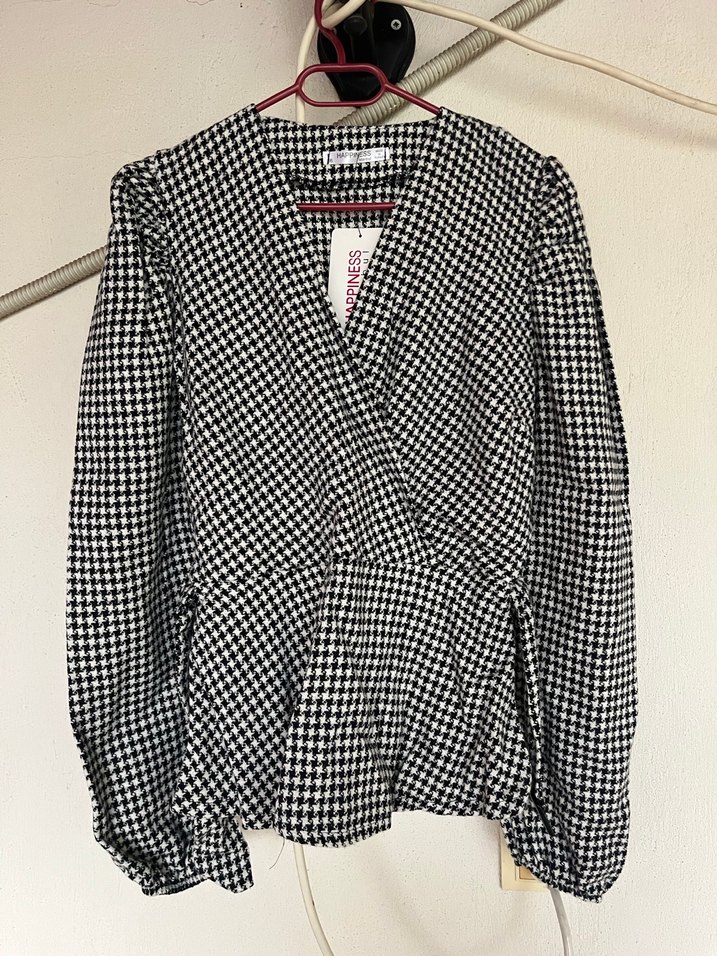 Kazayağı Desenli Kemerli Kruvaze Yaka İnce Kaşe Bluz - Görsel 2