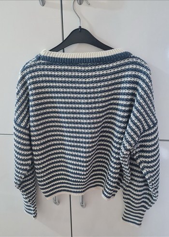 Gri Çizgili Uzun Kollu Örgü Kadın Kazak - Görsel 3