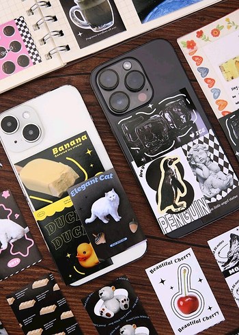 siyah sevimli komik hayvan sticker seti kitabı scrapbook journal - Görsel 5