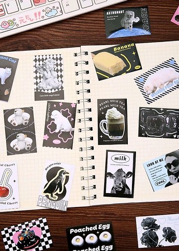 siyah sevimli komik hayvan sticker seti kitabı scrapbook journal - Görsel 4